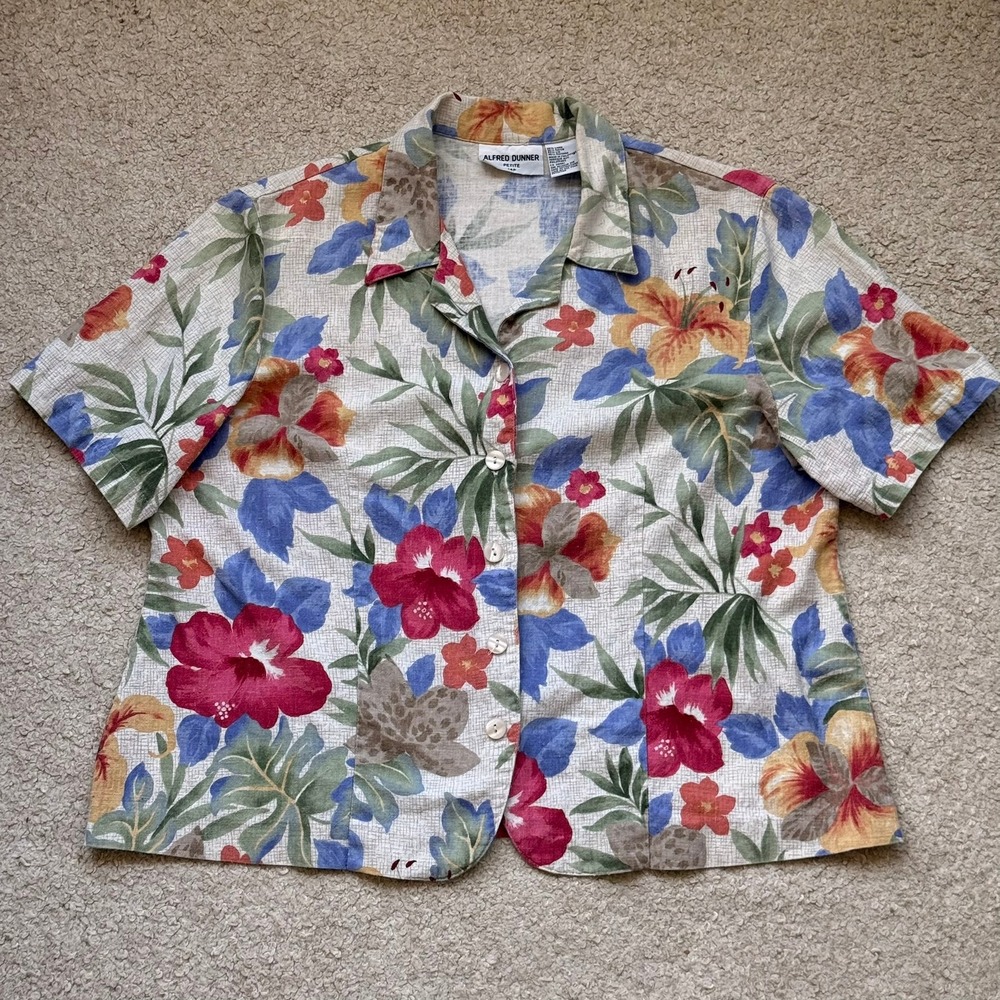VTG Alfred Dunner Petite 14P Floral Linen Blend Button Down Shirt Short Sleeve